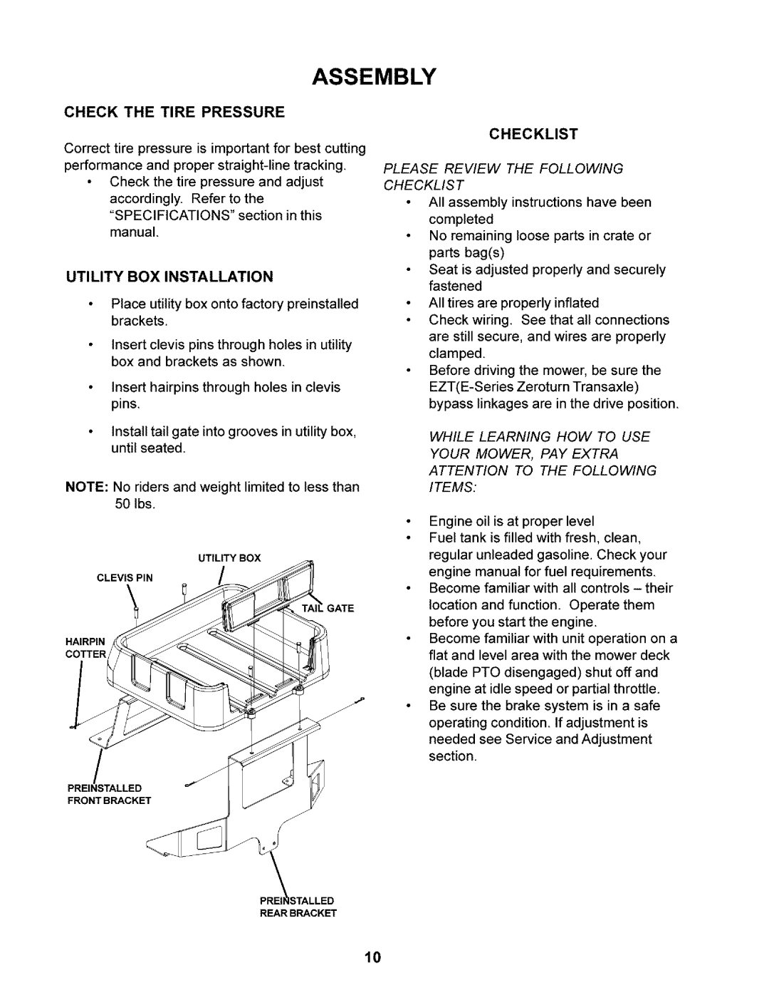 Husqvarna 968999246/CZ4217, 968999245/ CZ3815 manual Check the Tire Pressure, Utility BOX Installation, Checklist 