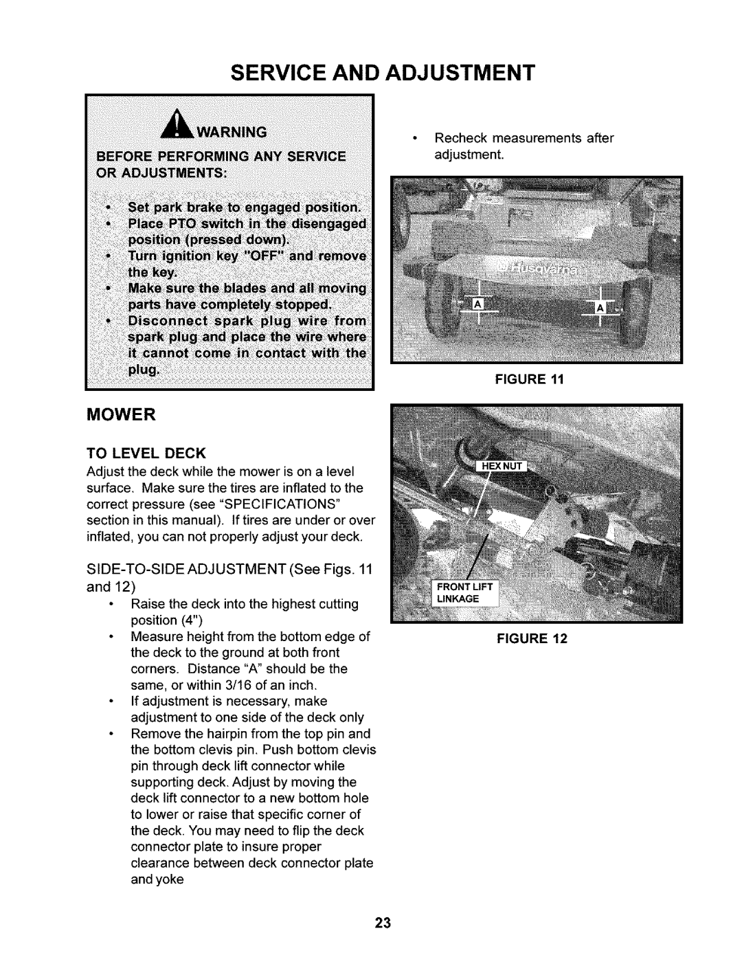 Husqvarna 968999245/ CZ3815, 968999246/CZ4217 manual Service and Adjustment, Mower, To Level Deck 