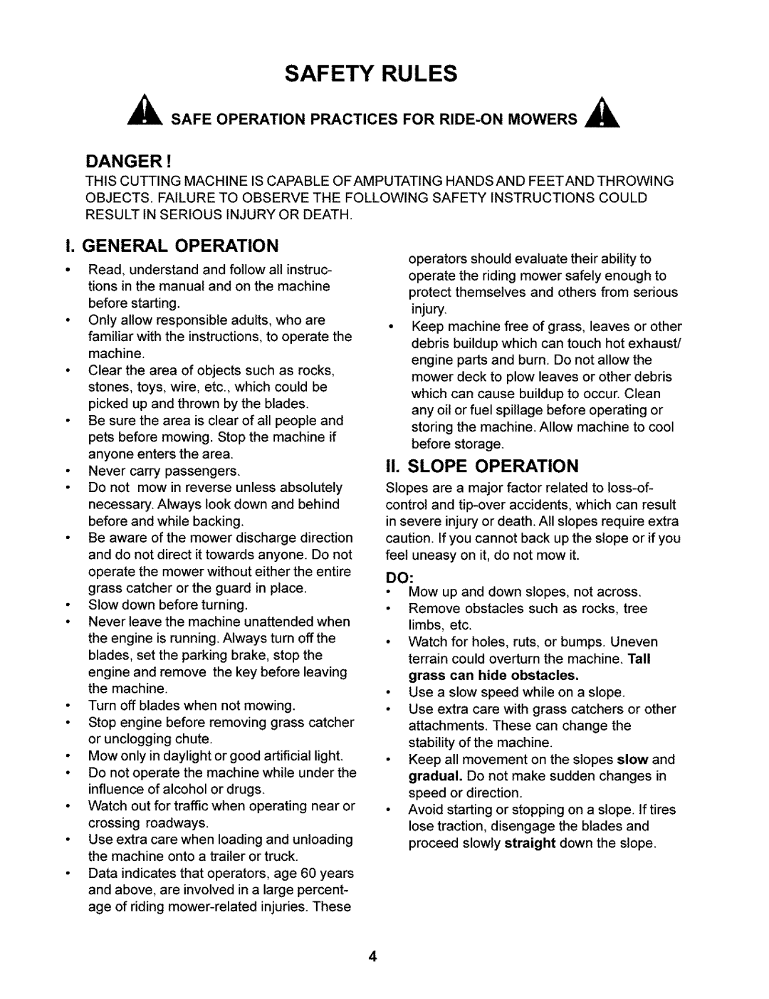 Husqvarna 968999246/CZ4217, 968999245/ CZ3815 manual Safety Rules, General Operation, I1. Slope Operation, Injury 