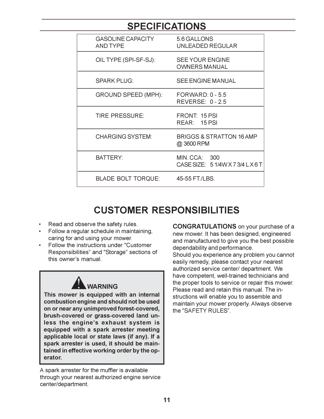 Husqvarna Z4818BIA, 968999250 manual Specifications, Customer Responsibilities 