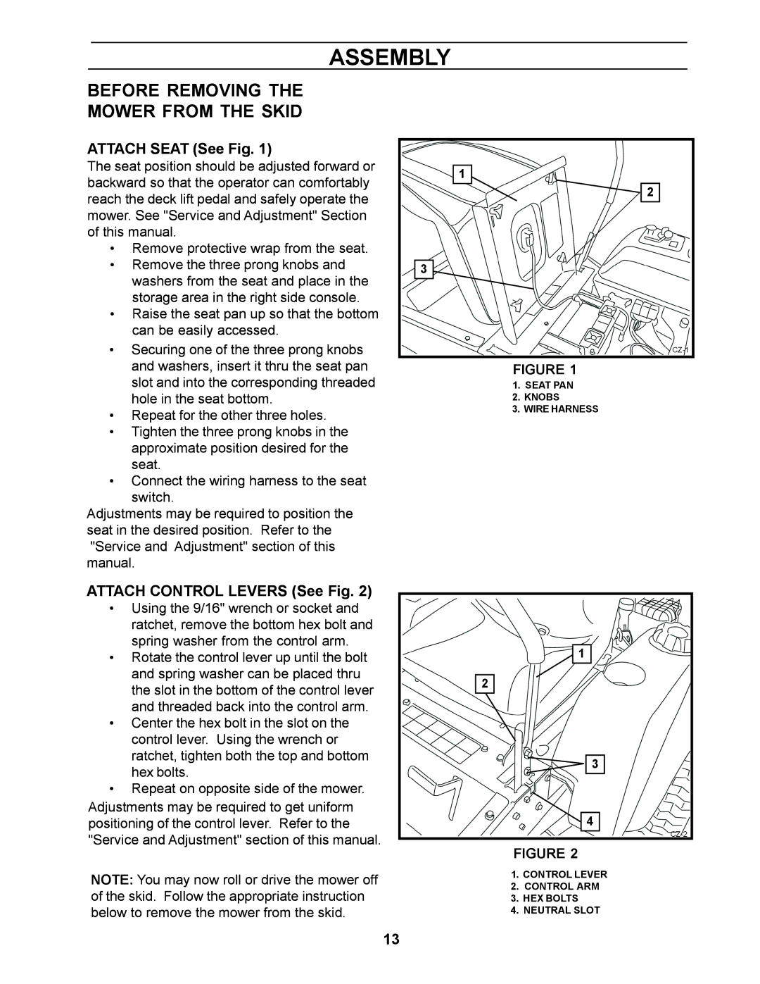 Husqvarna Z4818BIA, 968999250 manual Before Removing Mower from the Skid, Attach Seat See Fig, Attach Control Levers See Fig 