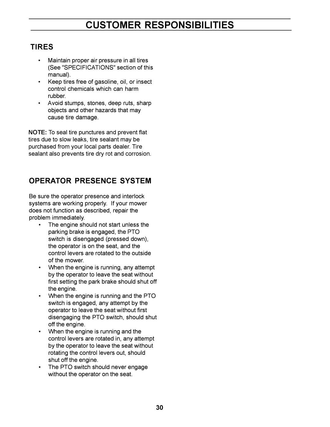 Husqvarna 968999250, Z4818BIA manual Tires, Operator Presence System 