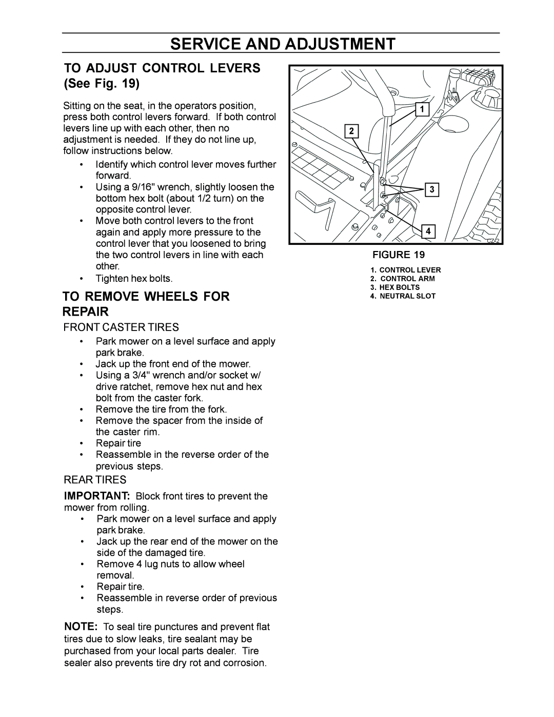 Husqvarna Z4818BIA, 968999250 manual To Adjust Control Levers See Fig, To Remove Wheels for Repair 