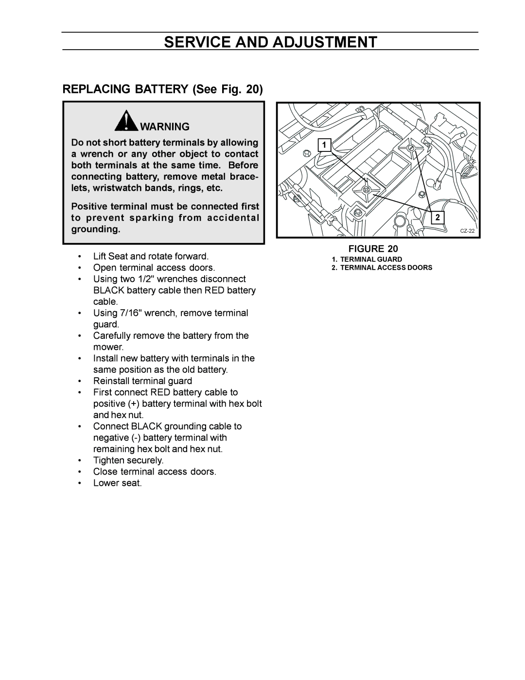 Husqvarna Z4818BIA, 968999250 manual Replacing Battery See Fig 