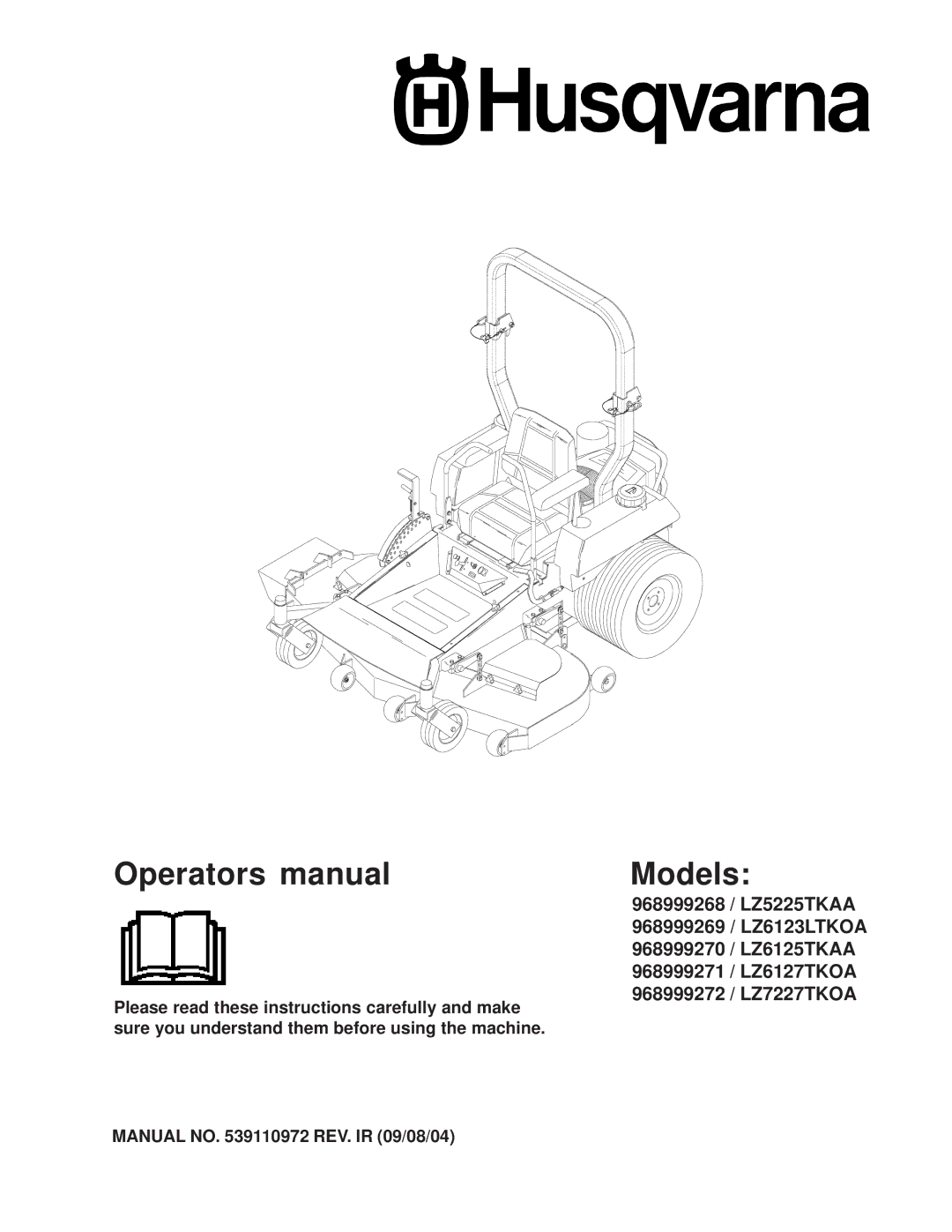 Husqvarna 968999271, 968999272, 968999269, 968999270, 968999268 manual Operators manual, Manual no REV. IR 09/08/04 