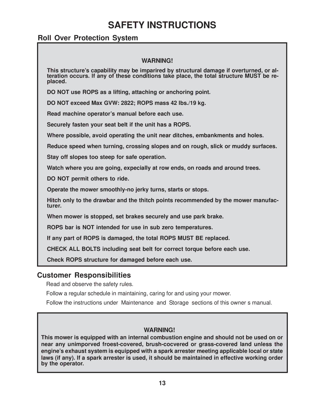 Husqvarna 968999270, 968999272, 968999271, 968999269, 968999268 manual Roll Over Protection System, Customer Responsibilities 