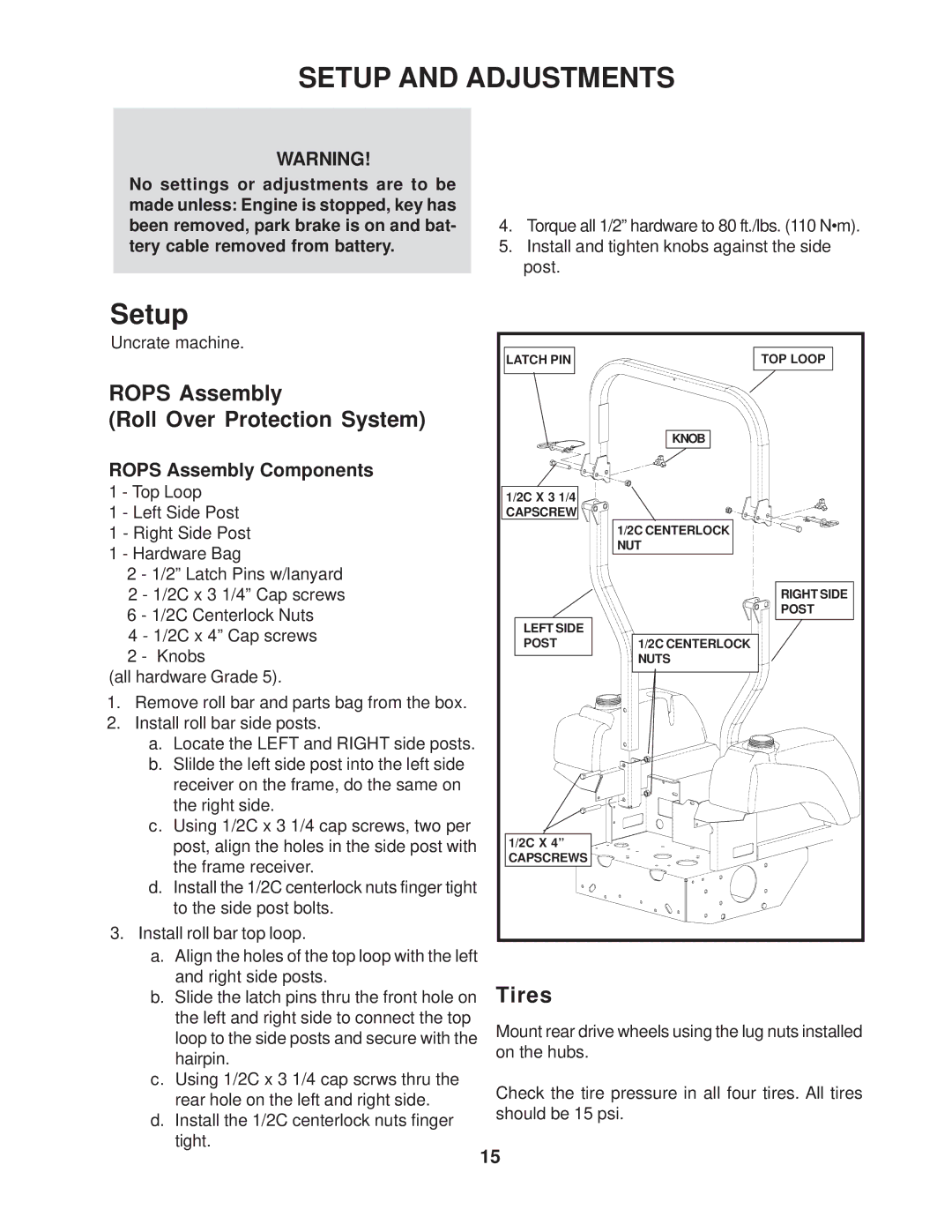 Husqvarna LZ7227TKOA, 968999272, 968999271 manual Setup and Adjustments, Rops Assembly Roll Over Protection System, Tires 