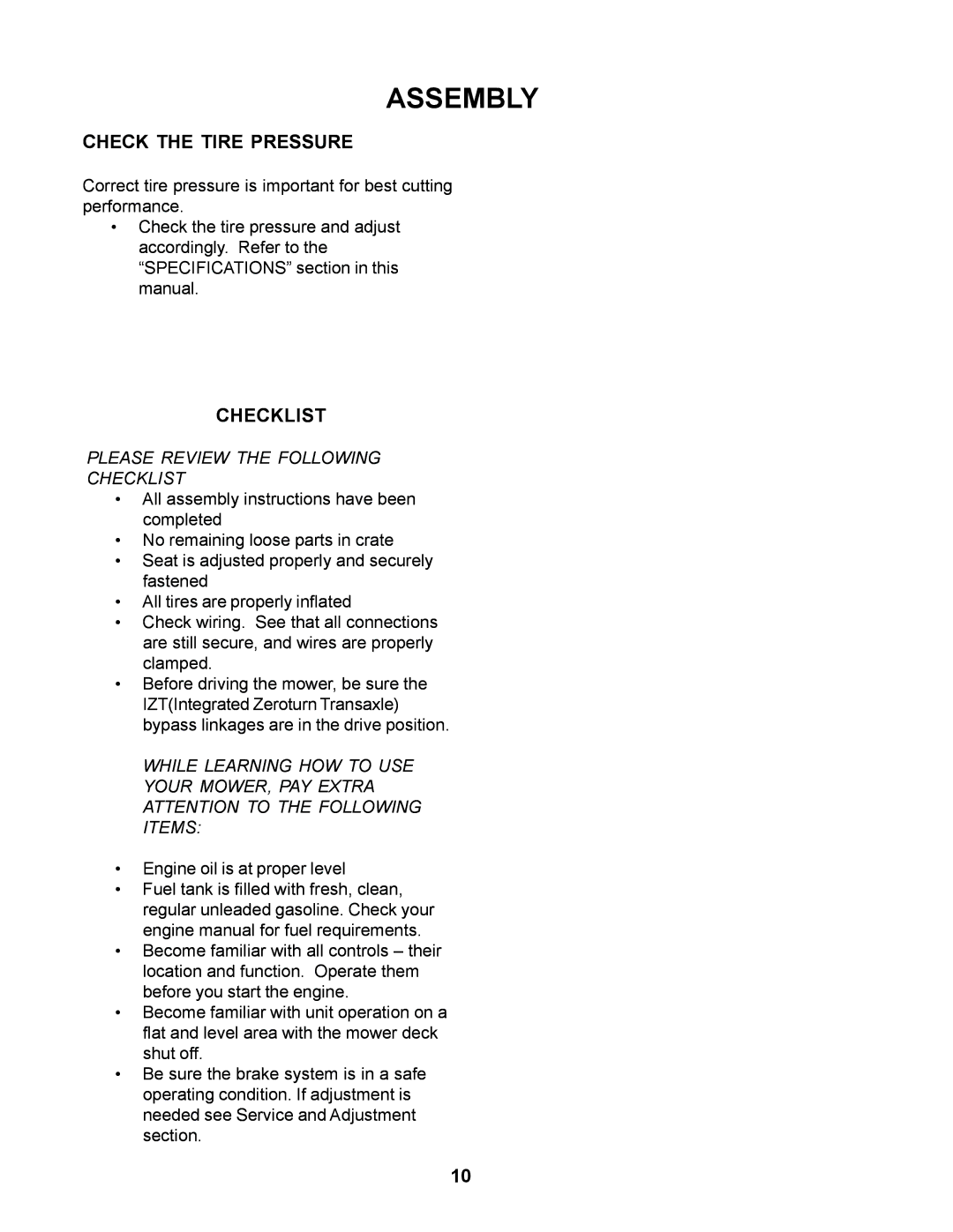 Husqvarna 968999276 / CZ4818BIA manual Check the Tire Pressure, Checklist 