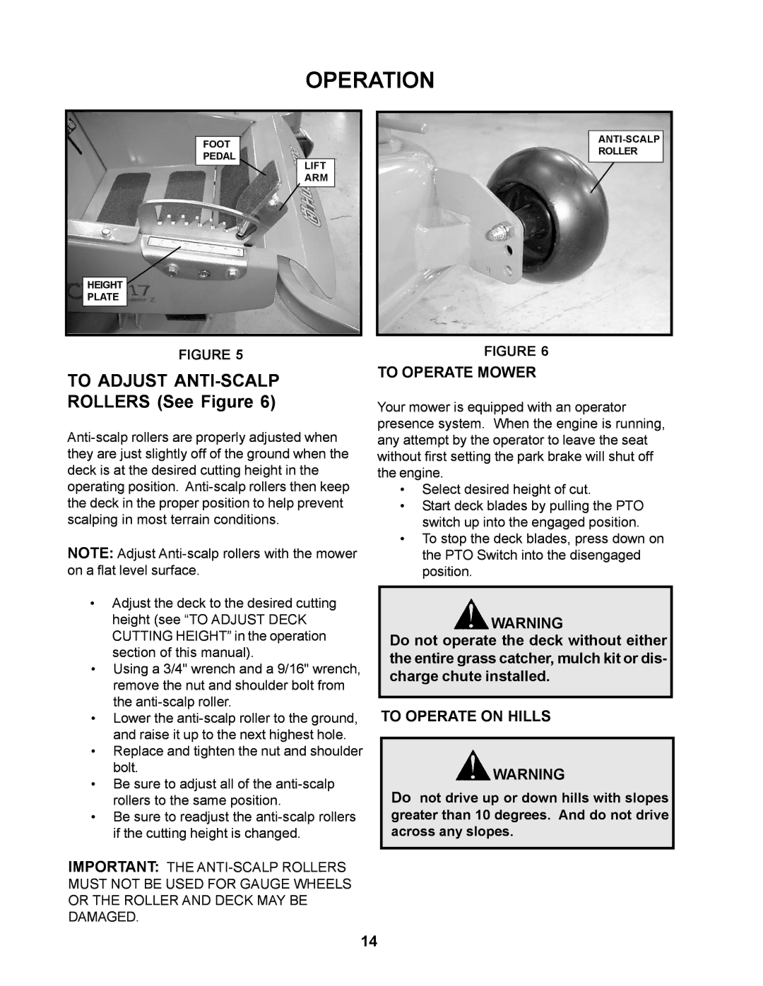 Husqvarna 968999276 / CZ4818BIA manual To Adjust ANTI-SCALP, Rollers See Figure, To Operate Mower, To Operate on Hills 