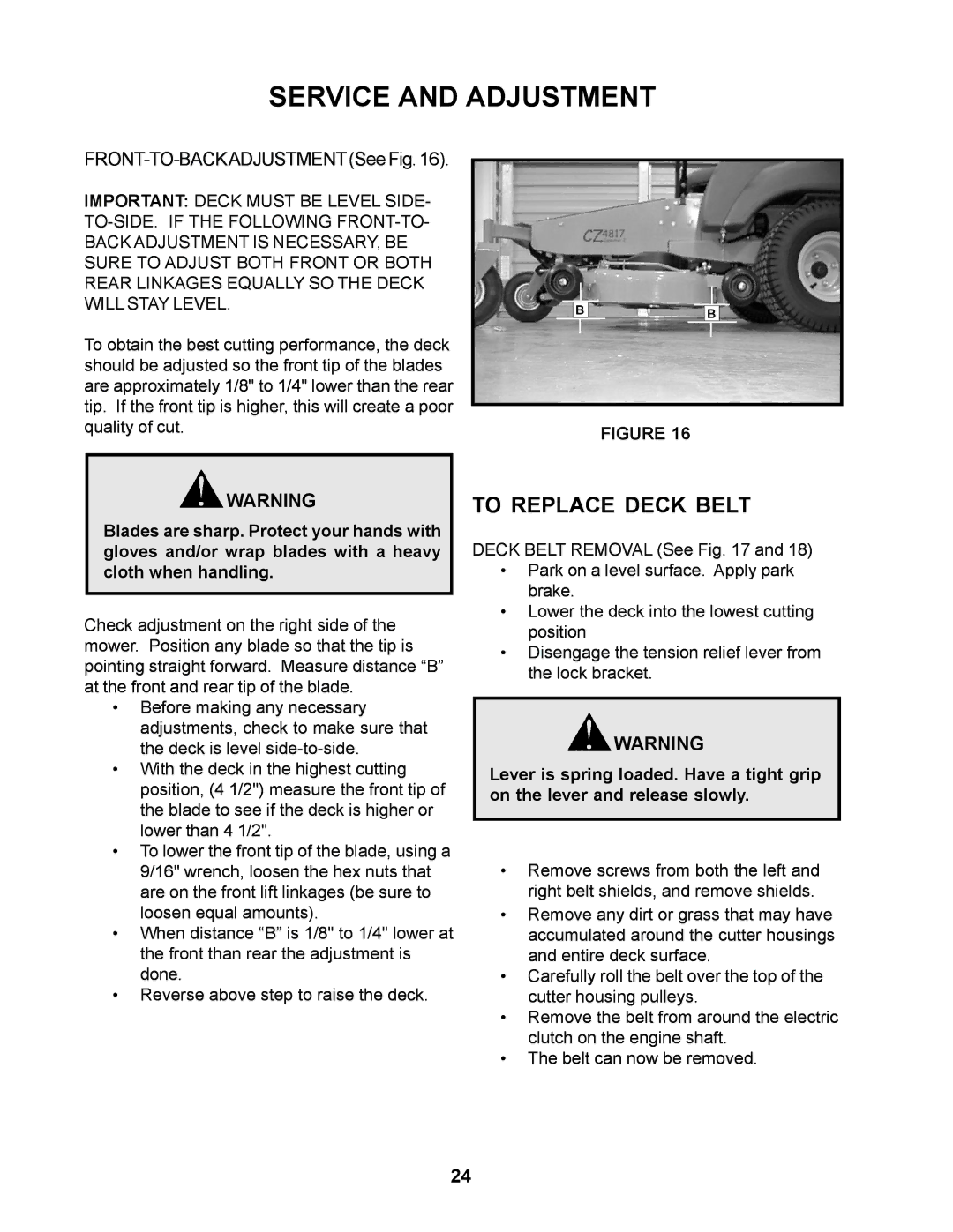 Husqvarna 968999276 / CZ4818BIA manual To Replace Deck Belt, FRONT-TO-BACKADJUSTMENTSee Fig 