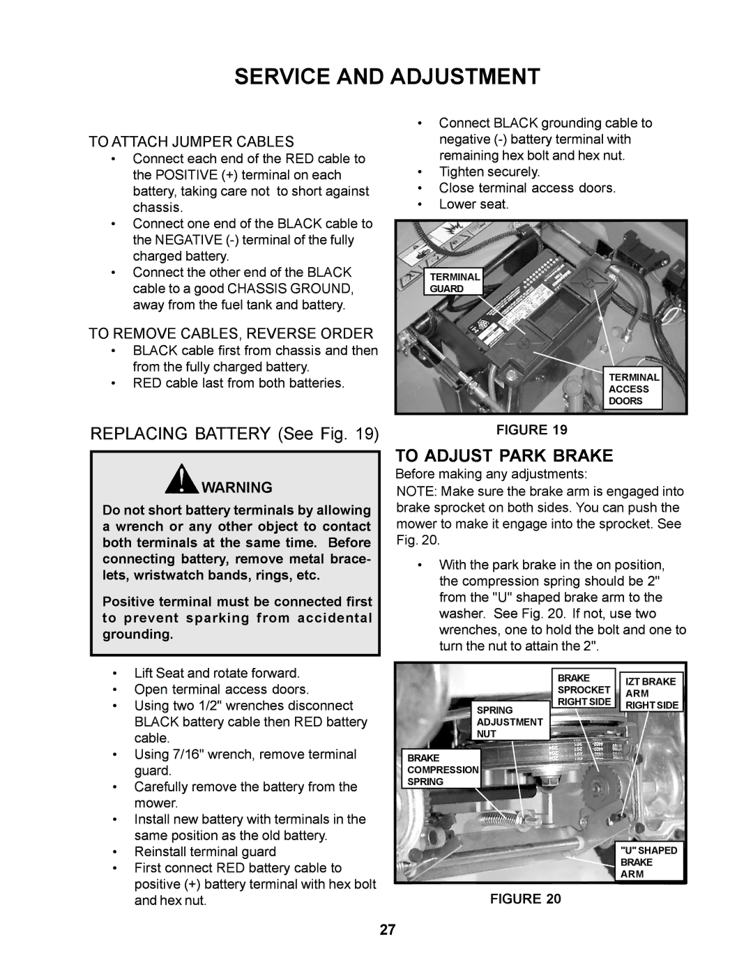 Husqvarna 968999276 / CZ4818BIA manual To Adjust Park Brake, To Attach Jumper Cables 