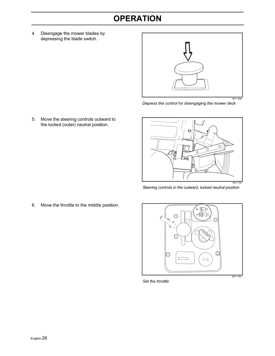 Husqvarna 968999292, 968999505, 968999514, 968999291, 968999513, 968999504 Depress the control for disengaging the mower deck 