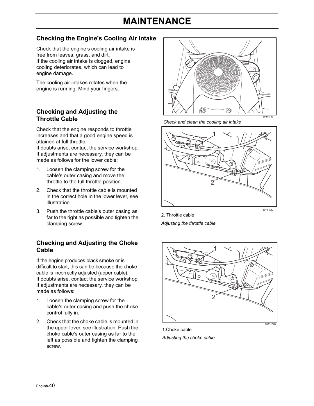 Husqvarna EZ6124KOA, 968999505, 968999514 Checking the Engines Cooling Air Intake, Checking and Adjusting Throttle Cable 