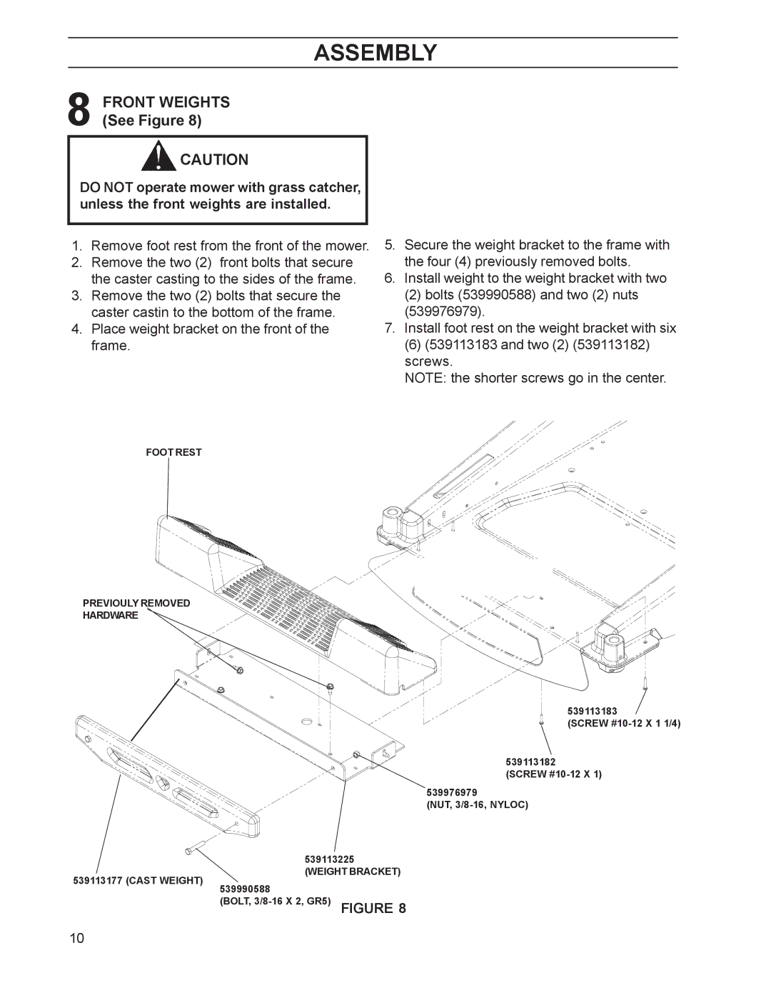 Husqvarna 968999515 manual Front Weights, Foot Rest Previouly Removed Hardware 