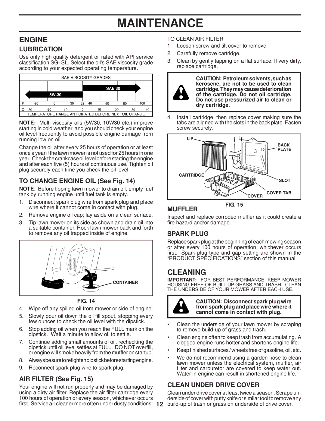 Husqvarna AP3000 owner manual Engine, Cleaning, Muffler, Spark Plug, Clean Under Drive Cover 