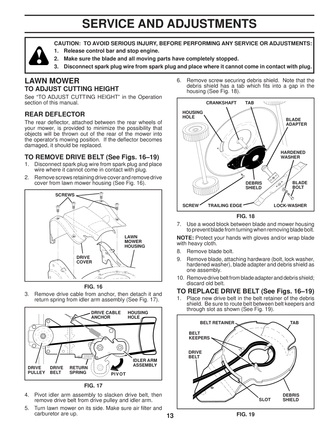 Husqvarna AP3000 Service and Adjustments, To Adjust Cutting Height, Rear Deflector, To Remove Drive Belt See Figs 