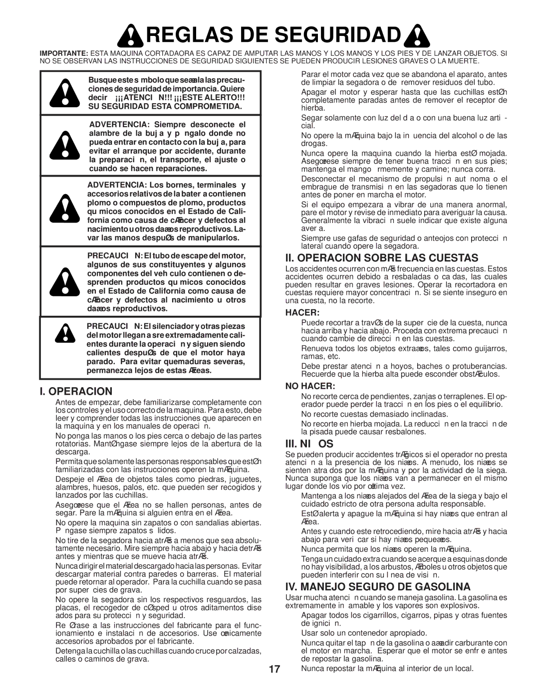 Husqvarna AP3000 owner manual II. Operacion Sobre LAS Cuestas, III. Niños, IV. Manejo Seguro DE Gasolina 