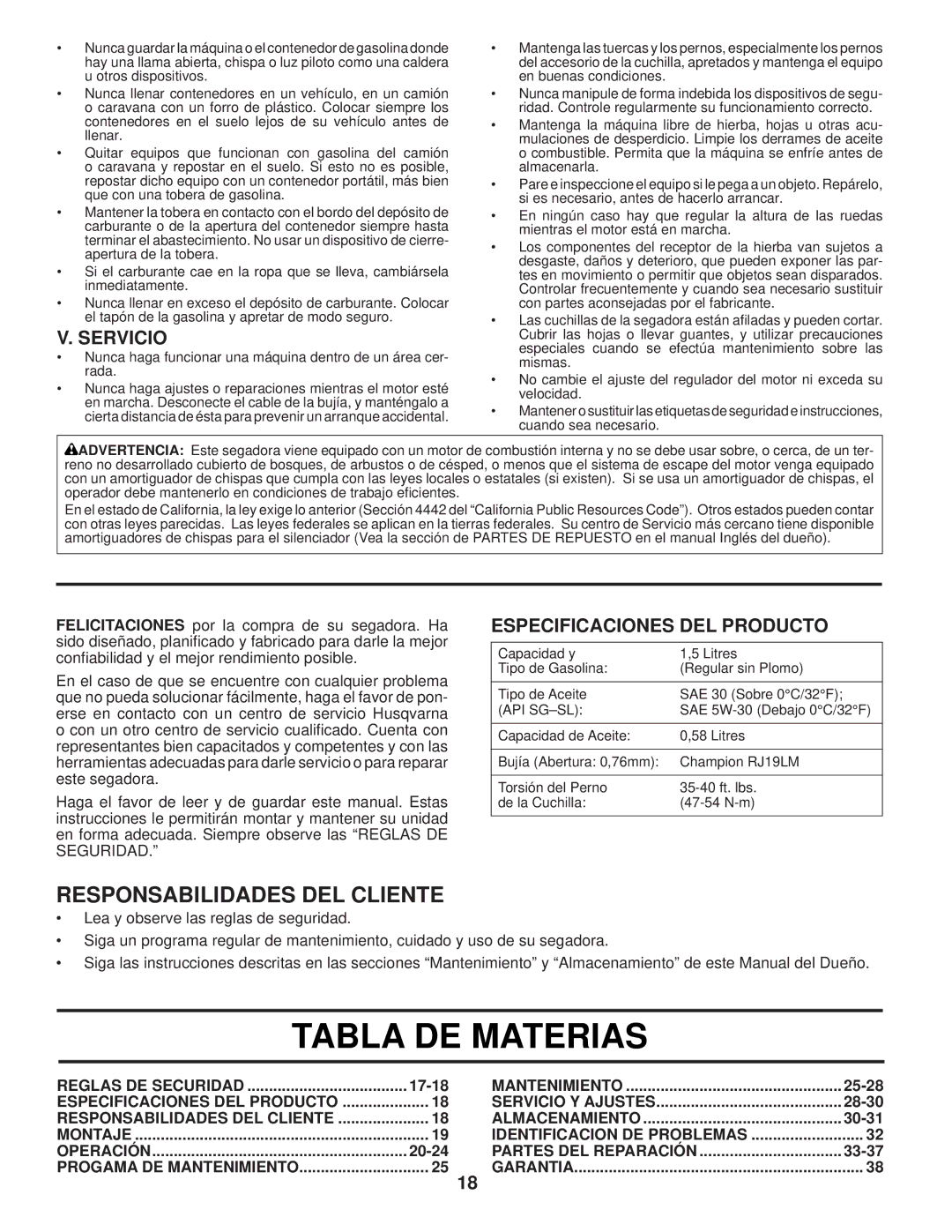 Husqvarna AP3000 owner manual Tabla DE Materias, Responsabilidades DEL Cliente, Servicio, Especificaciones DEL Producto 