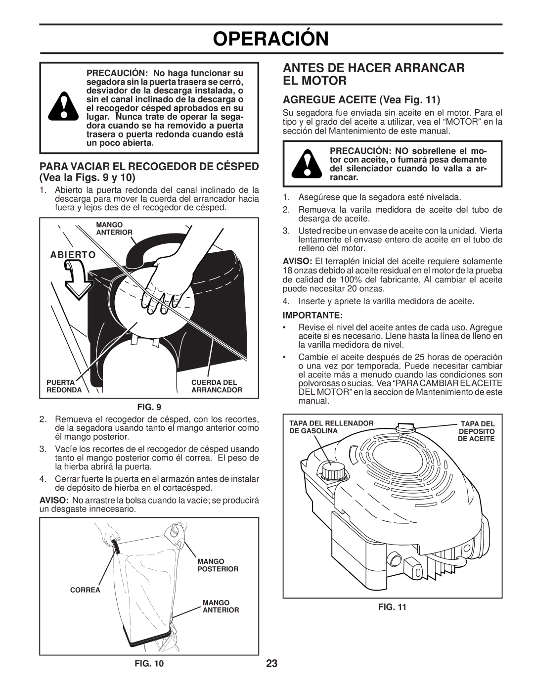 Husqvarna AP3000 Antes DE Hacer Arrancar EL Motor, Para Vaciar EL Recogedor DE Césped Vea la Figs y, Importante 