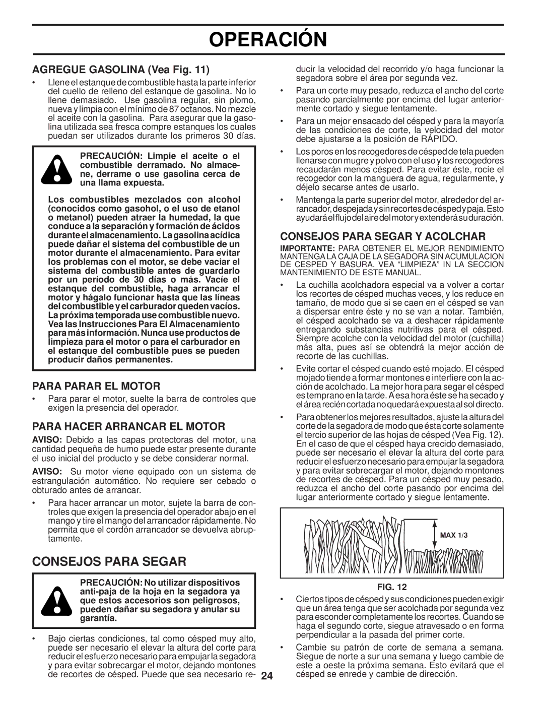 Husqvarna AP3000 Consejos Para Segar, Agregue Gasolina Vea Fig, Para Parar EL Motor, Para Hacer Arrancar EL Motor 