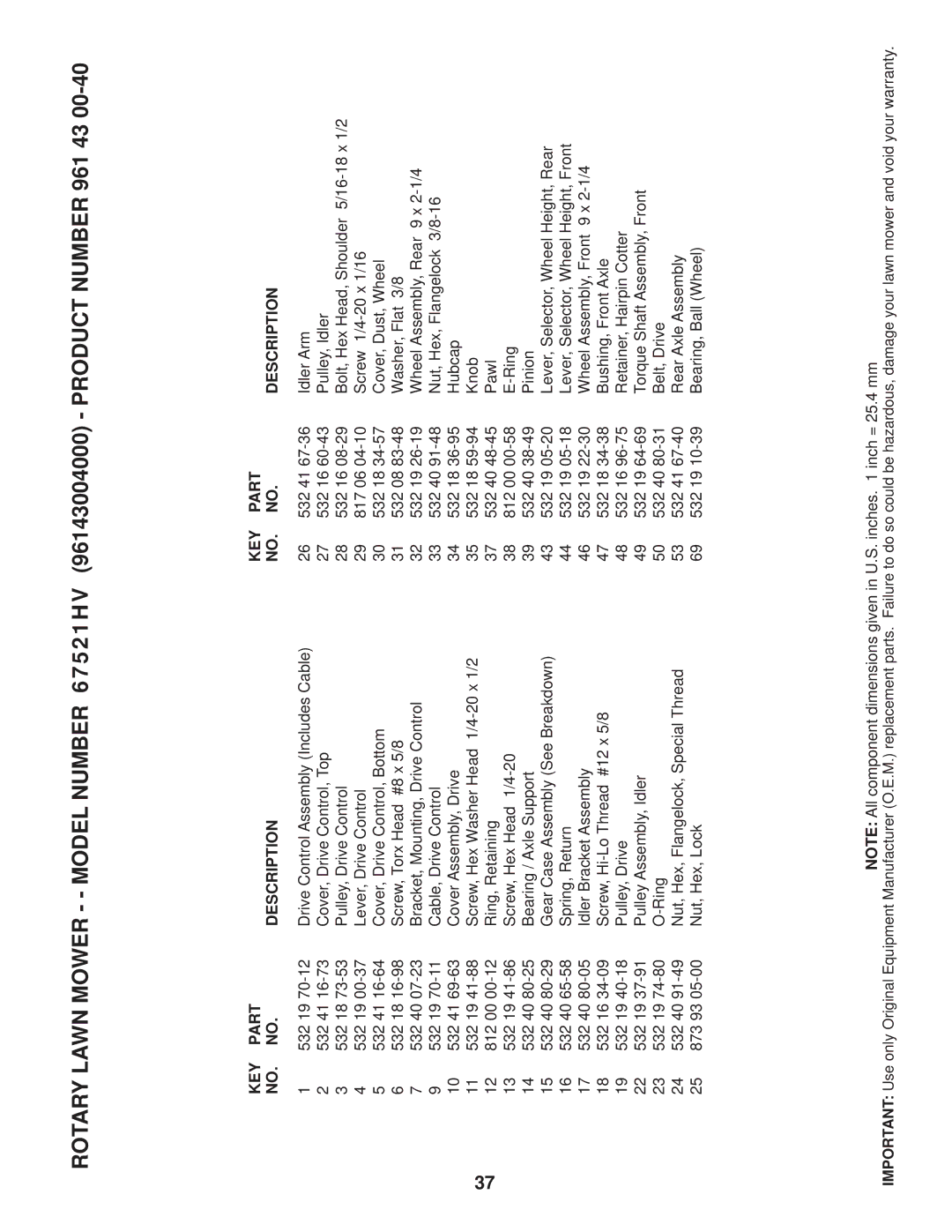 Husqvarna AP3000 owner manual KEY Part Description 