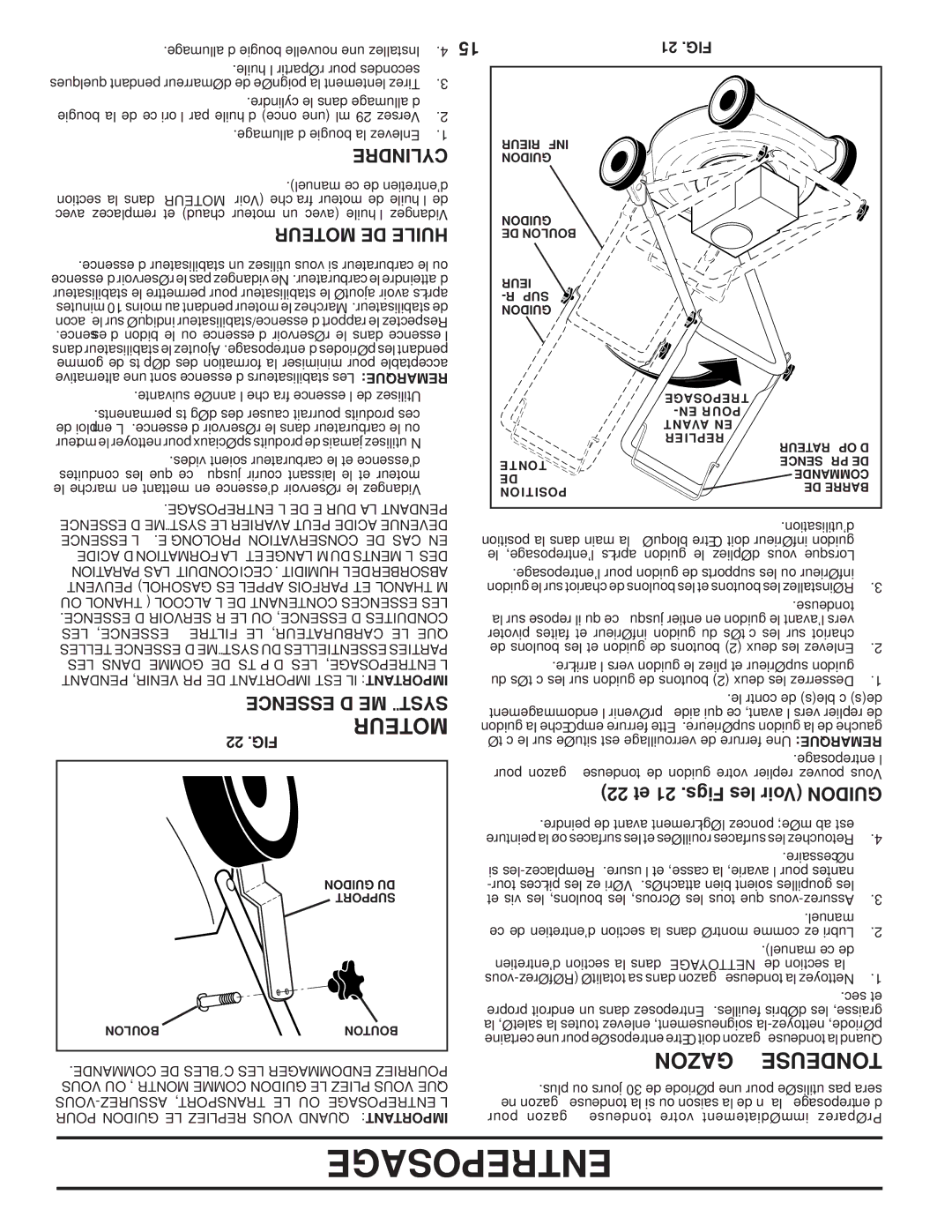 Husqvarna AP3000 owner manual Gazon À Tondeuse, Cylindre, Moteur DE Huile, ’ESSENCE Système, 22 et 21 .Figs les Voir Guidon 