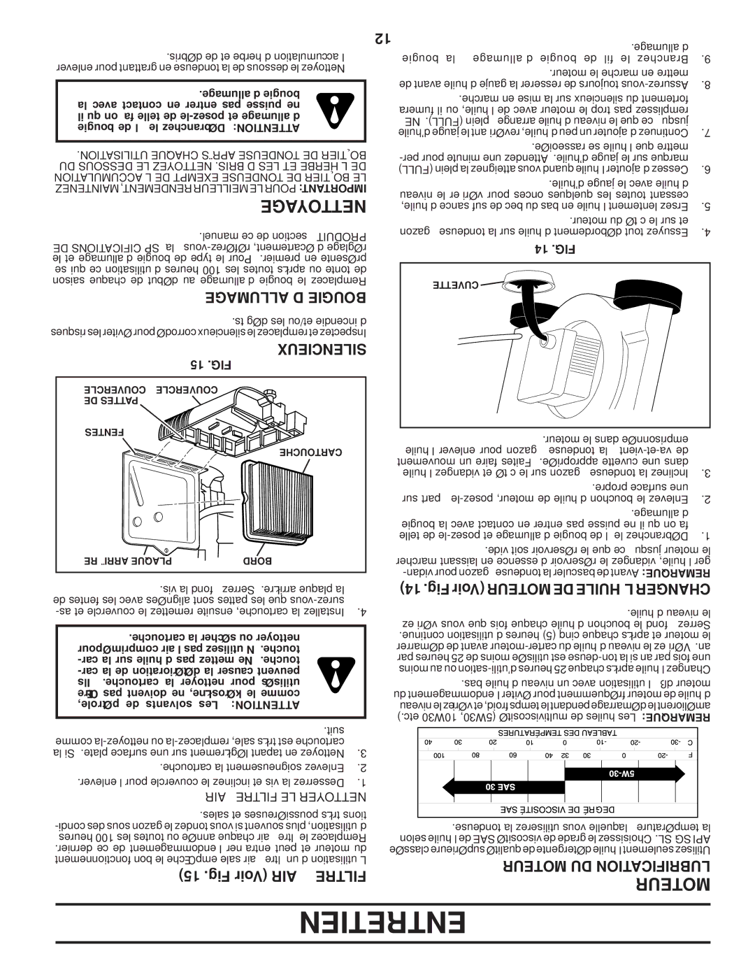 Husqvarna AP3000 owner manual Nettoyage, ’ALLUMAGE Bougie, Fig Voir AIR À Filtre, Moteur DU Lubrification 