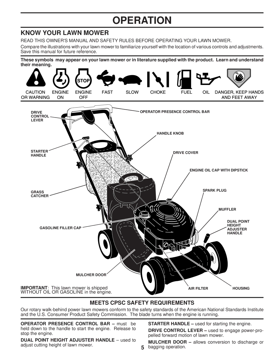 Husqvarna AP3000 owner manual Operation, Know Your Lawn Mower, Meets Cpsc Safety Requirements 