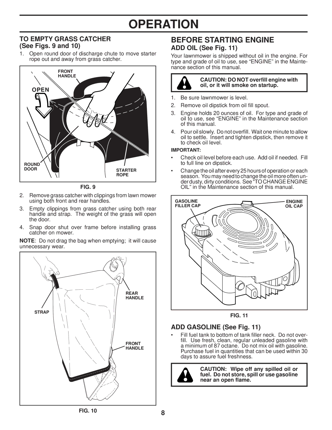 Husqvarna AP3000 Before Starting Engine, To Empty Grass Catcher See Figs, ADD OIL See Fig, ADD Gasoline See Fig 