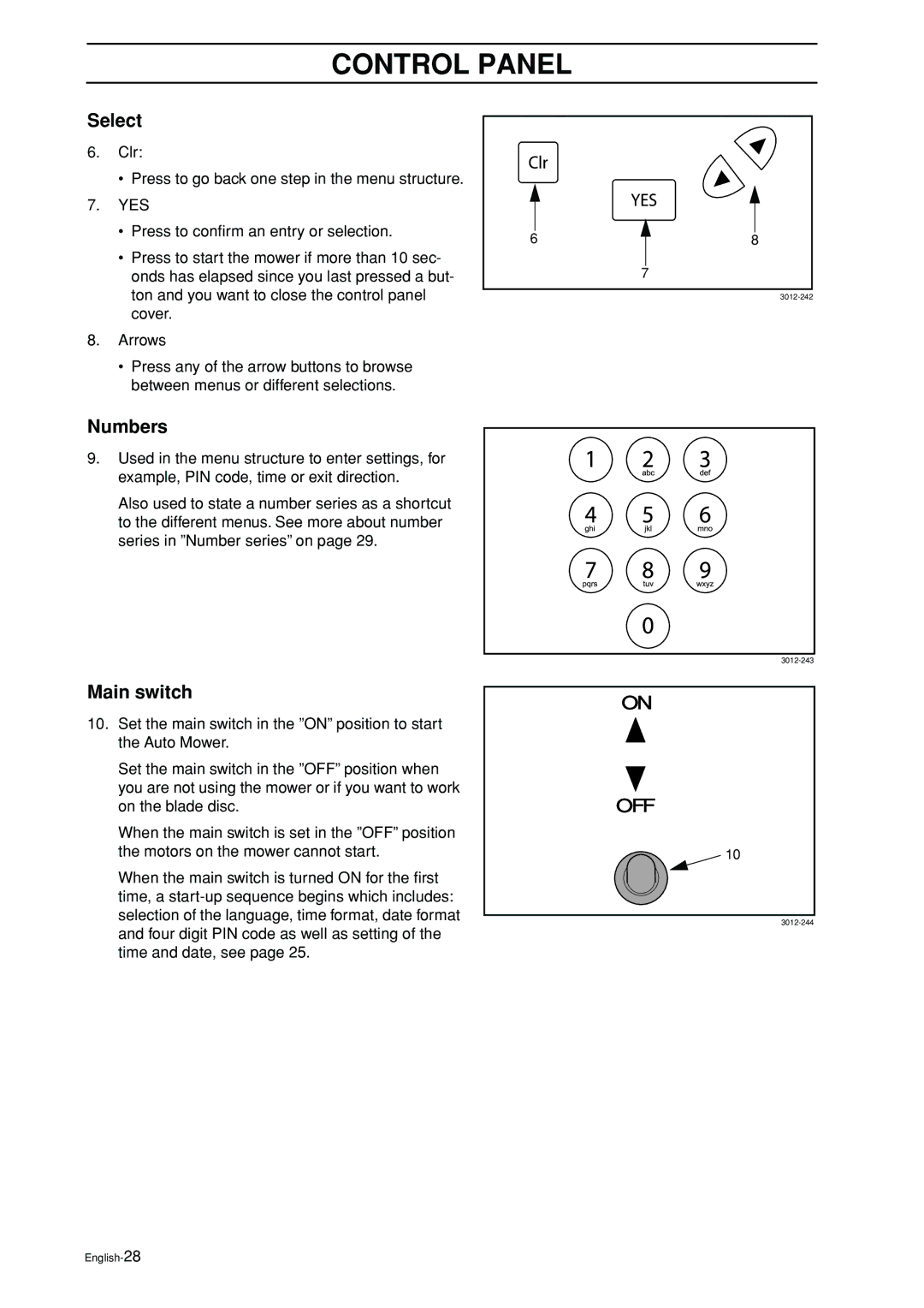 Husqvarna Auto Mower manual Select, Numbers, Main switch 