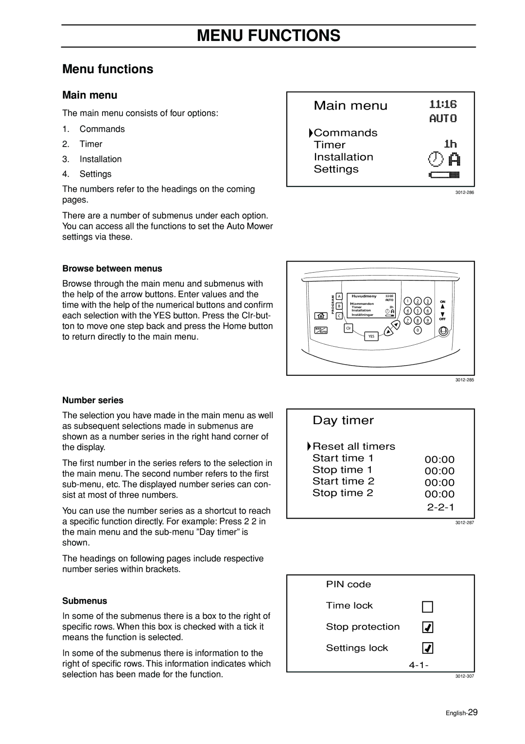 Husqvarna Auto Mower manual Menu Functions, Menu functions, Main menu 