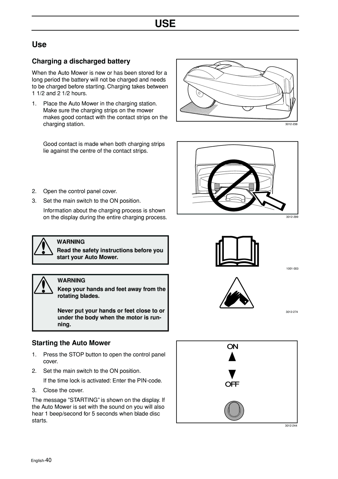 Husqvarna manual Use, Charging a discharged battery, Starting the Auto Mower 