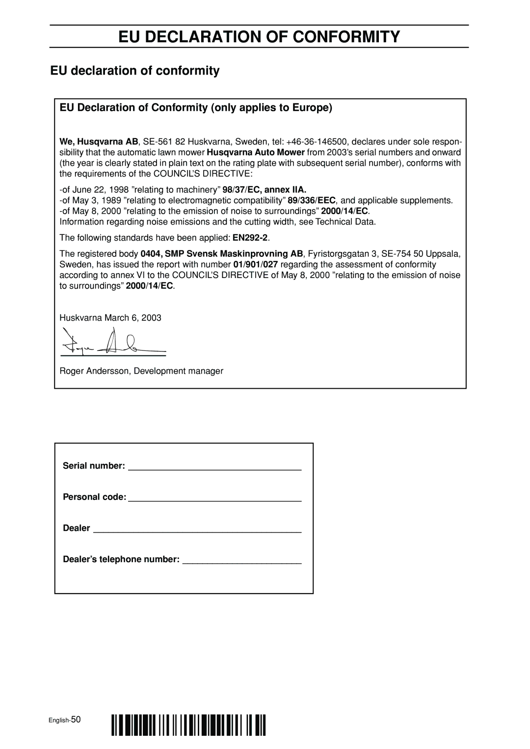 Husqvarna Auto Mower manual EU Declaration of Conformity, EU declaration of conformity 