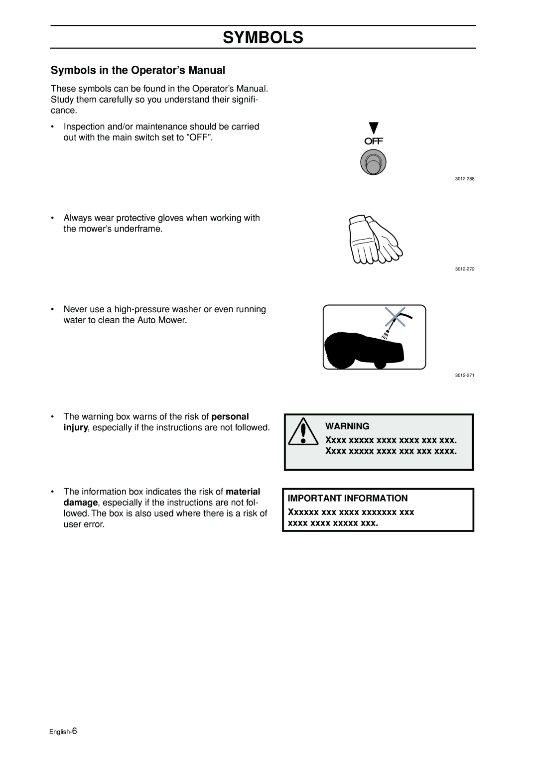 Husqvarna Auto Mower manual Symbols in the Operator’s Manual, Xxxxxx xxx xxxx xxxxxxx xxx xxxx xxxx xxxxx 