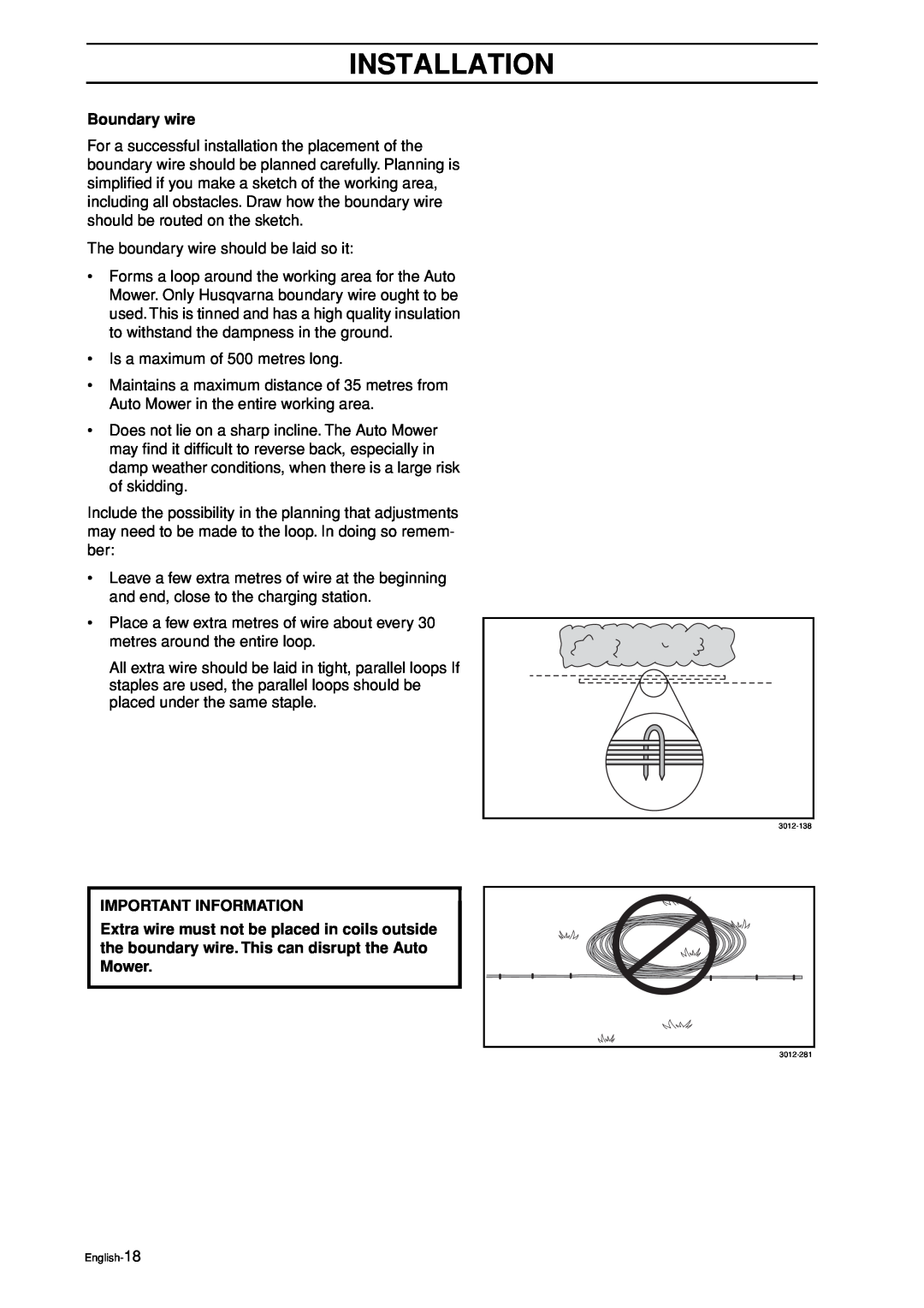 Husqvarna Auto Mower manual Installation, Boundary wire, The boundary wire should be laid so it, Important Information 