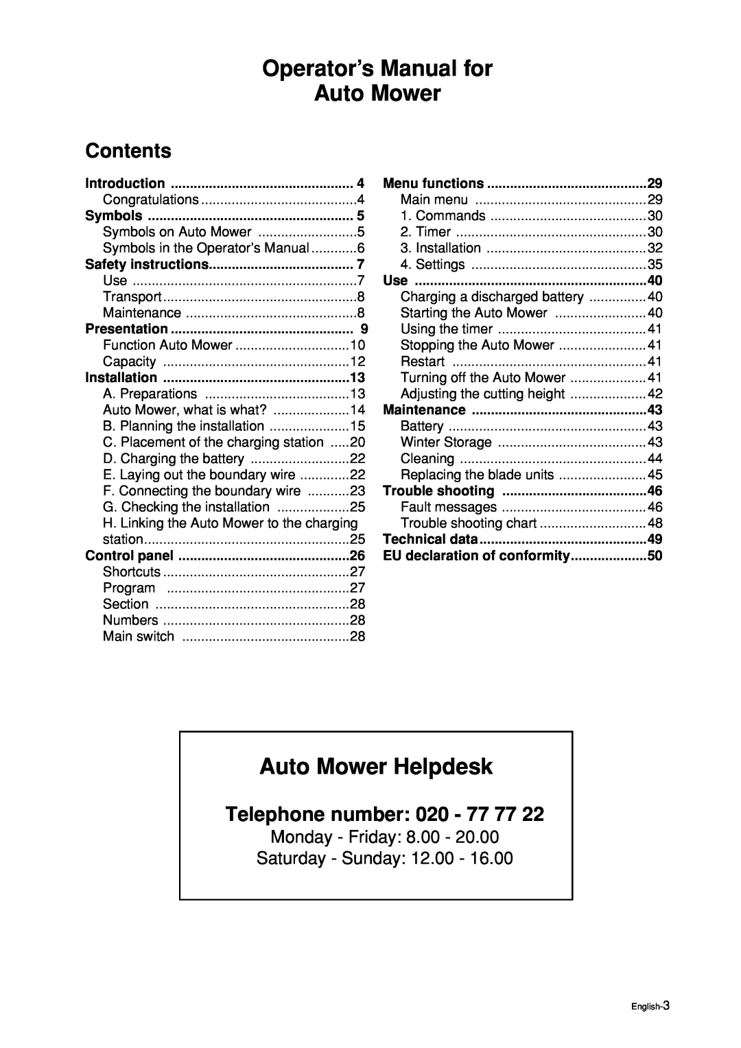 Husqvarna manual Operator’s Manual for Auto Mower, Auto Mower Helpdesk, Contents, Telephone number 020 