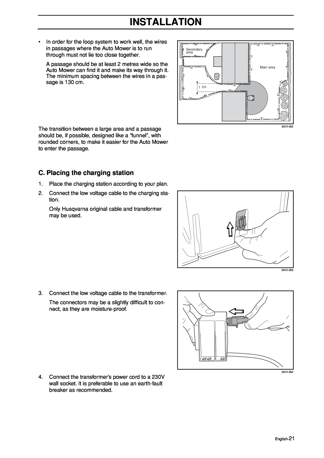 Husqvarna Auto Mower manual C. Placing the charging station, Installation 