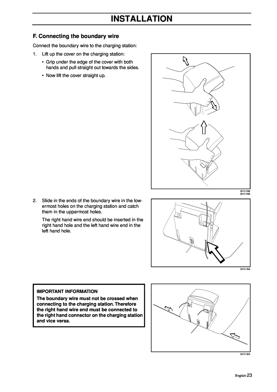 Husqvarna Auto Mower manual F. Connecting the boundary wire, Installation, Important Information 