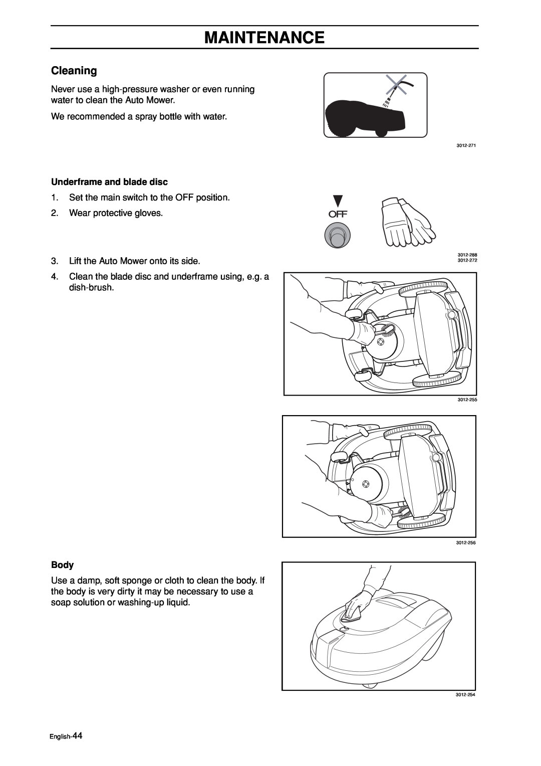 Husqvarna Auto Mower manual Cleaning, Maintenance, Underframe and blade disc, Body 