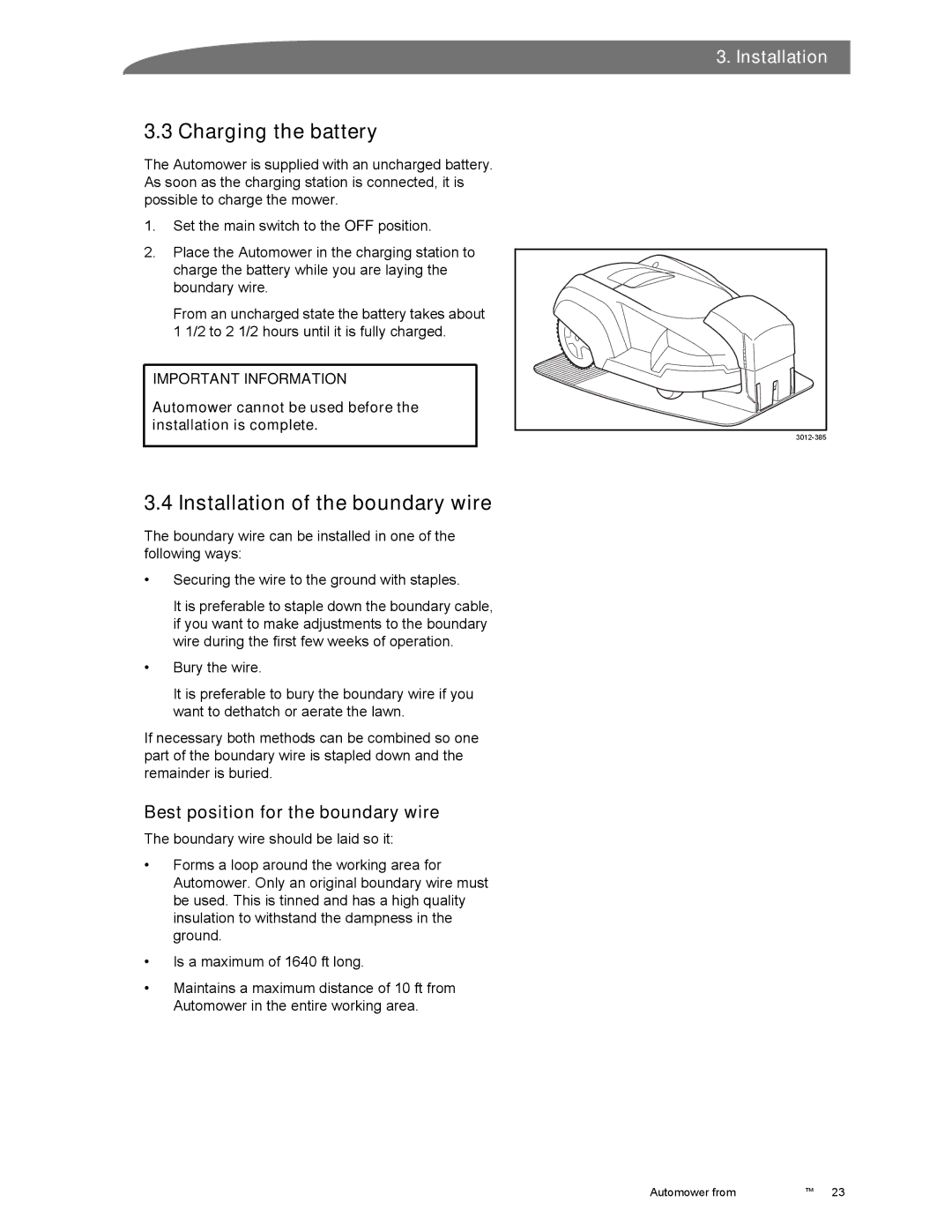 Husqvarna Automower manual Charging the battery, Installation of the boundary wire, Best position for the boundary wire 