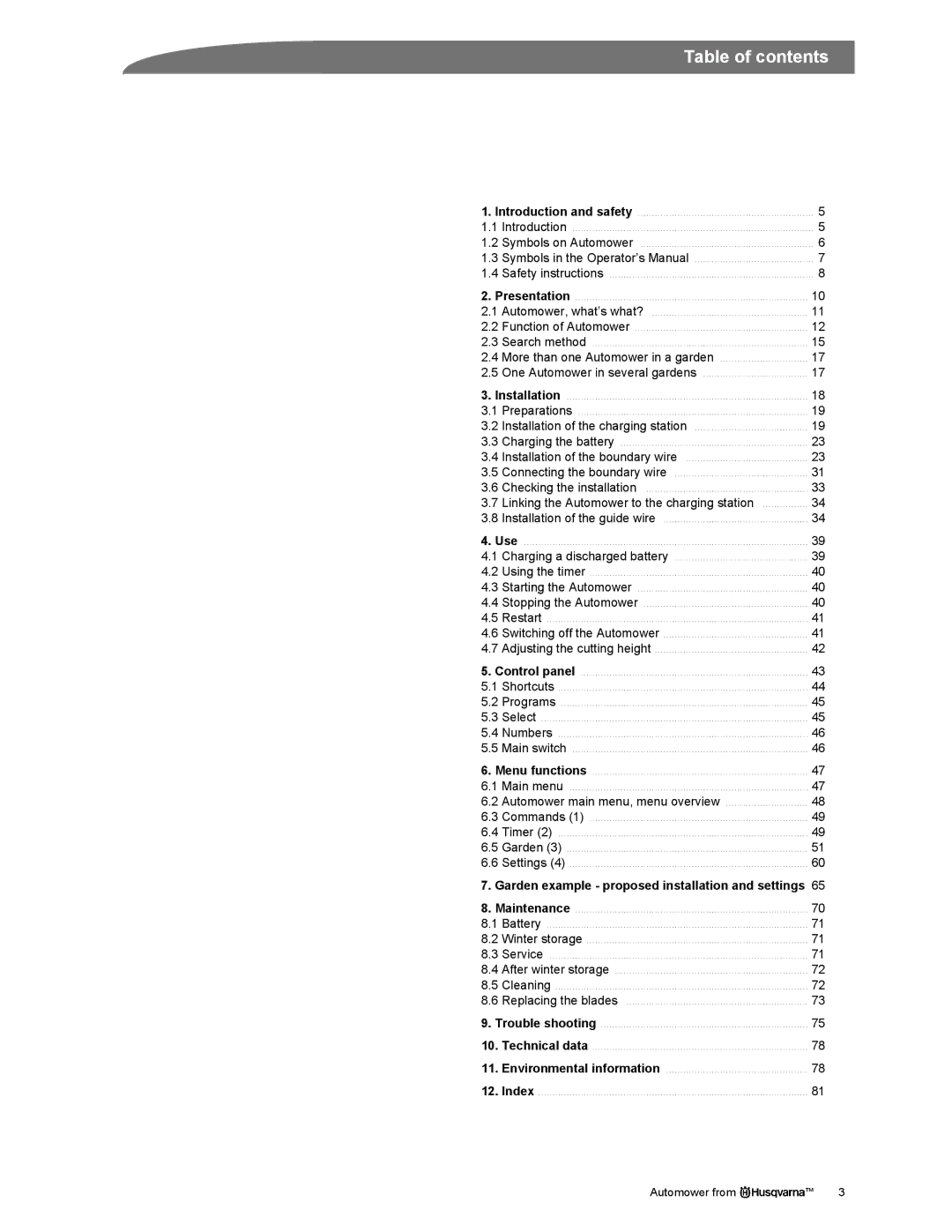 Husqvarna Automower manual Table of contents 