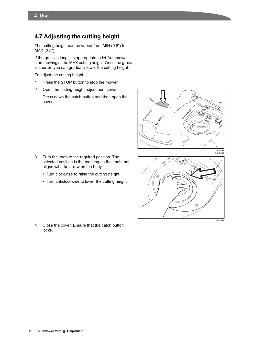 Husqvarna Automower manual Adjusting the cutting height, Cutting height can be varied from MIN 0.8 to MAX 