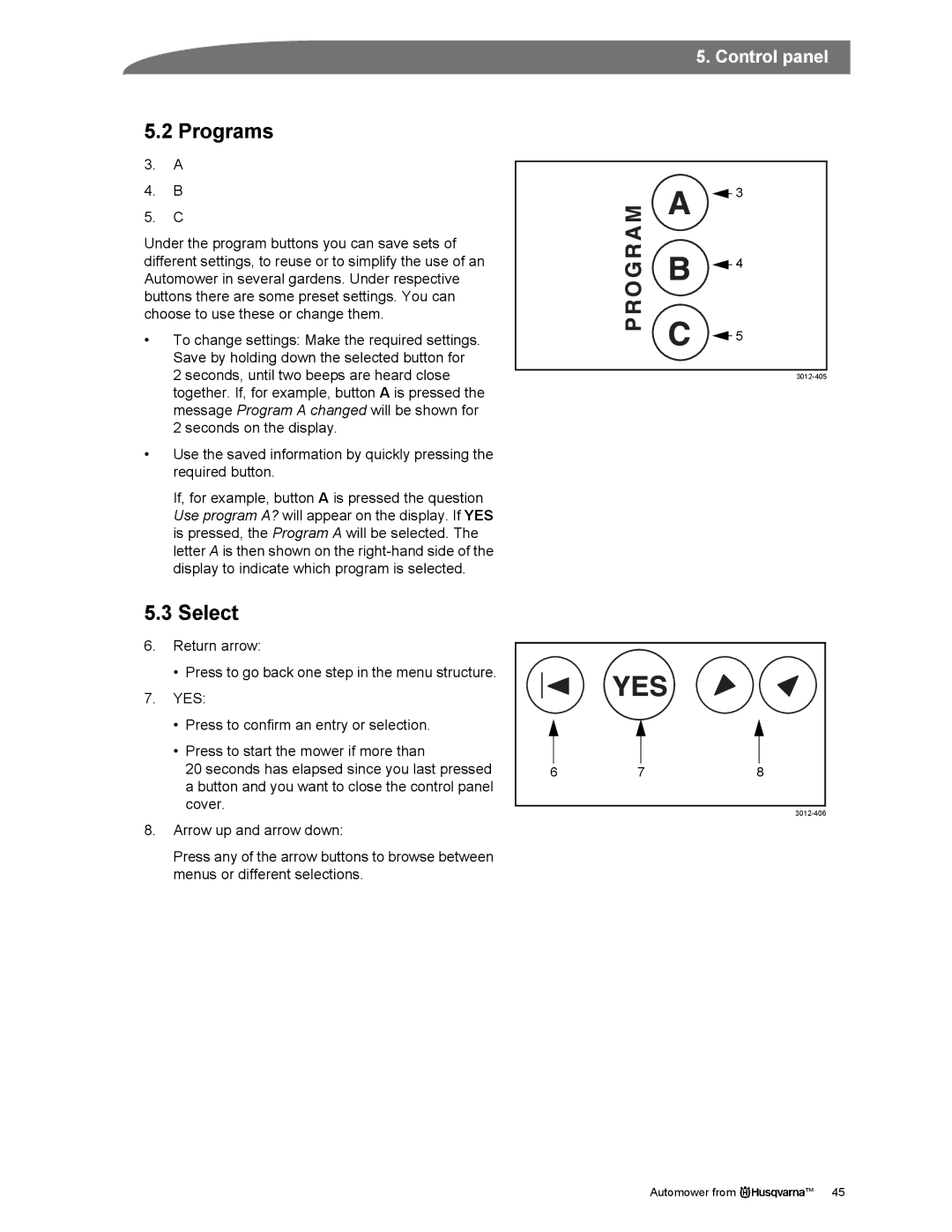 Husqvarna Automower manual Programs, Select 