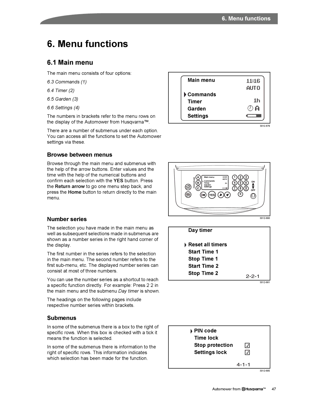 Husqvarna Automower manual Menu functions, Main menu, Browse between menus, Number series, Submenus 