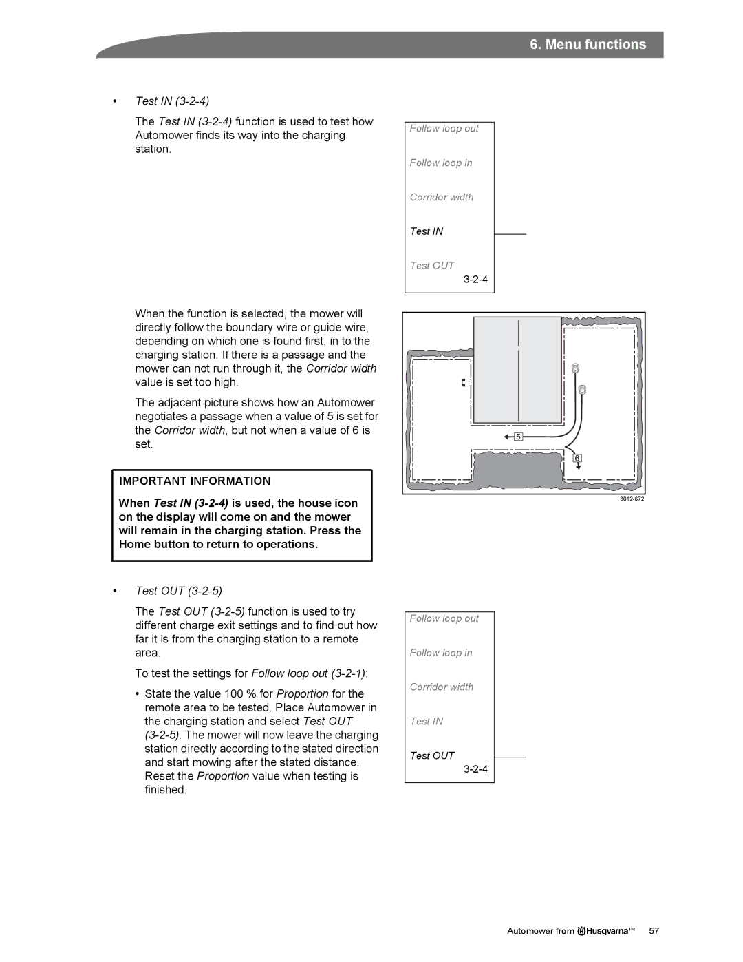 Husqvarna Automower manual When Test in 3-2-4 is used, the house icon, Test OUT 