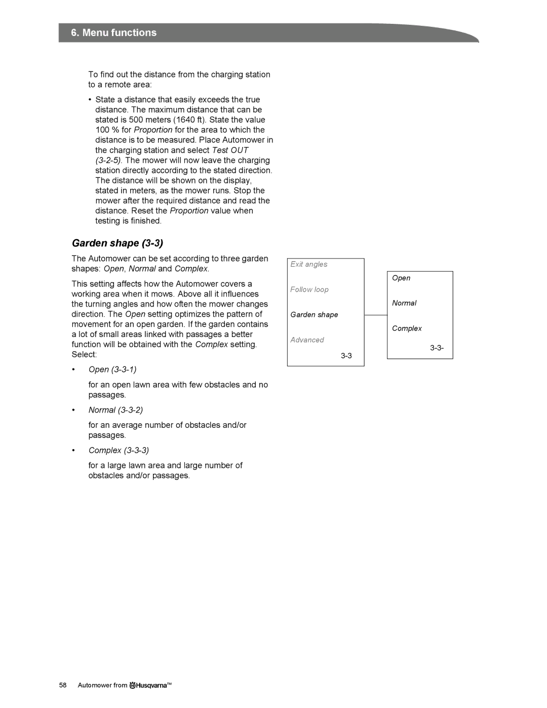 Husqvarna Automower manual Garden shape, Open, Normal, Complex 