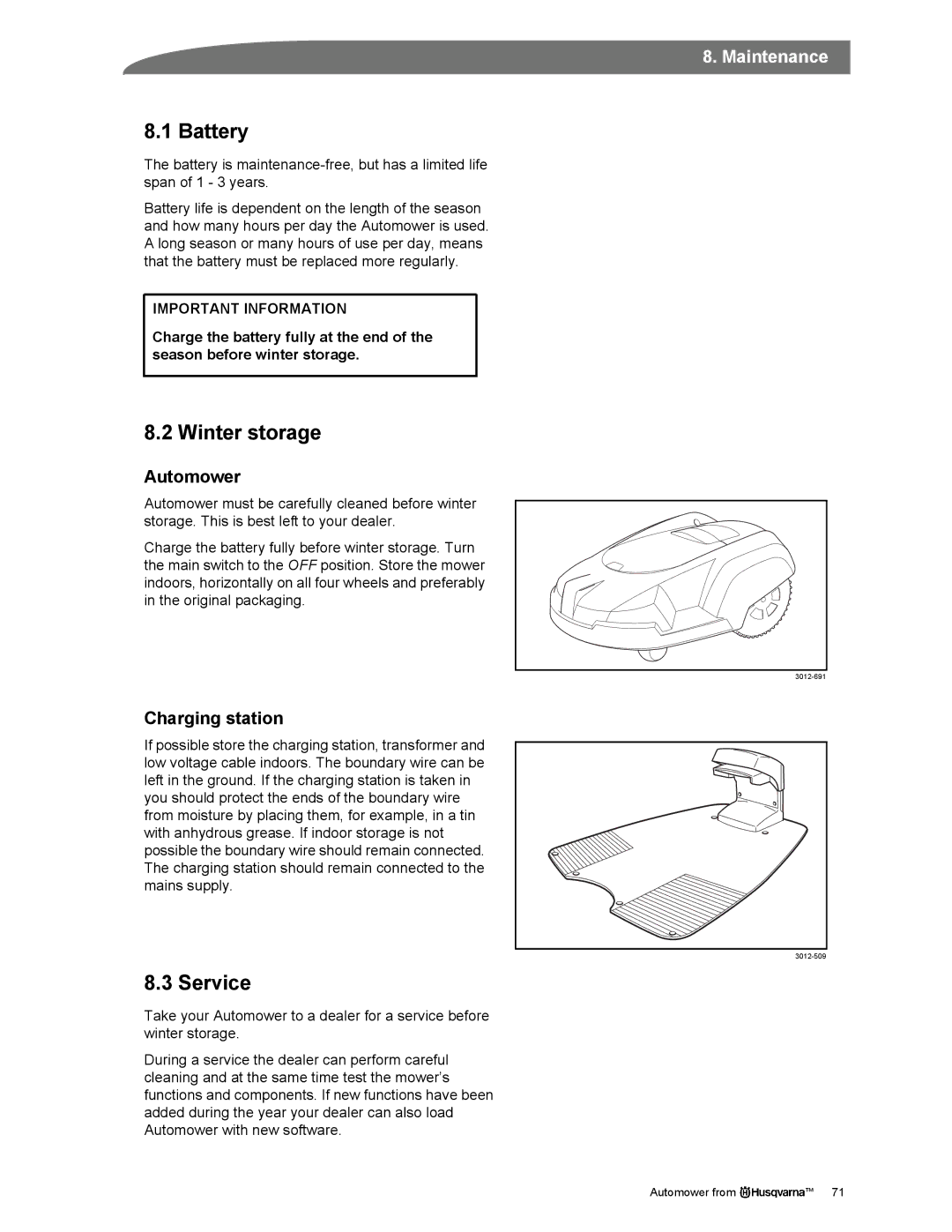 Husqvarna Automower manual Battery, Winter storage, Service, Charging station 