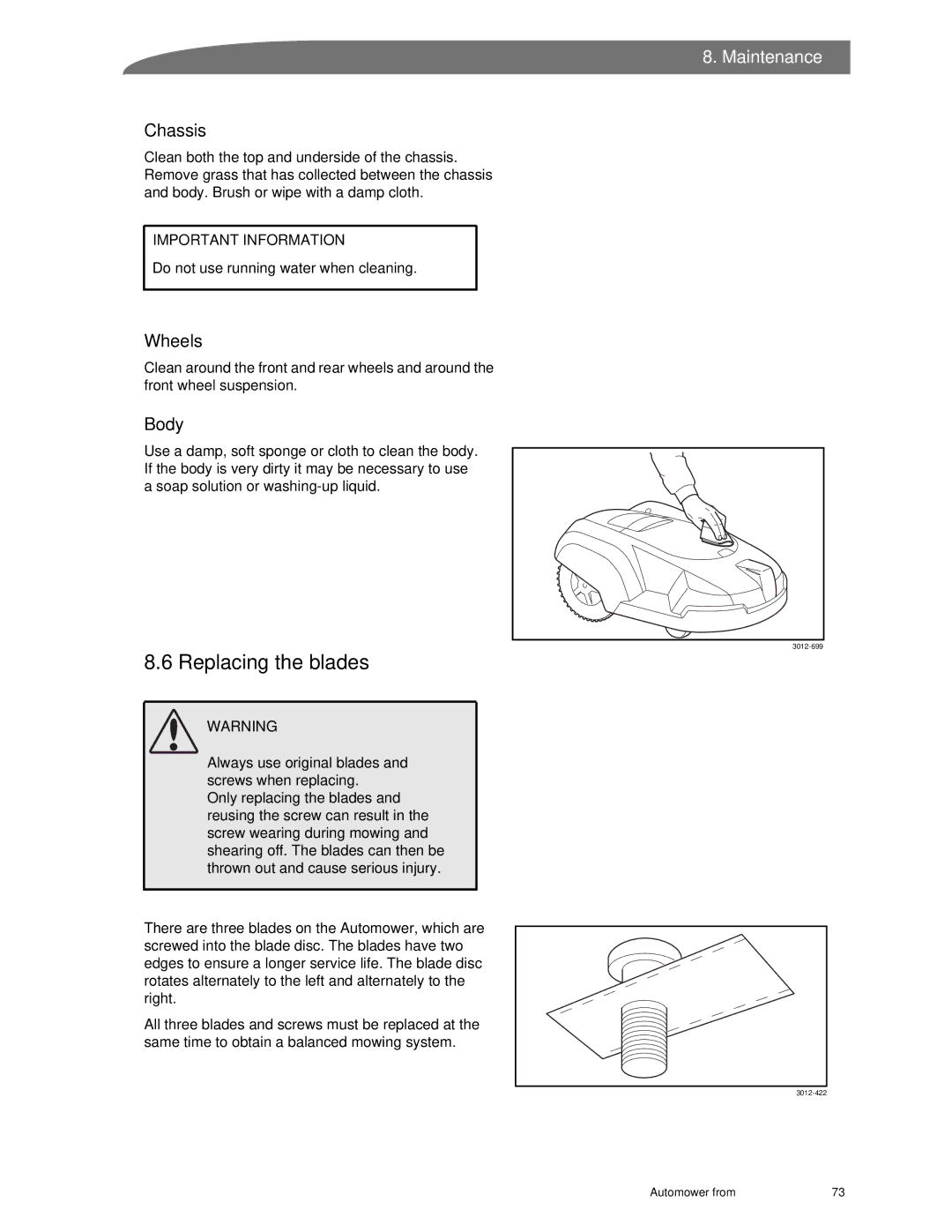 Husqvarna Automower manual Replacing the blades, Chassis, Wheels, Body 