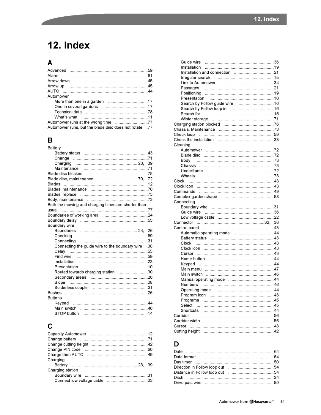 Husqvarna Automower manual Index 