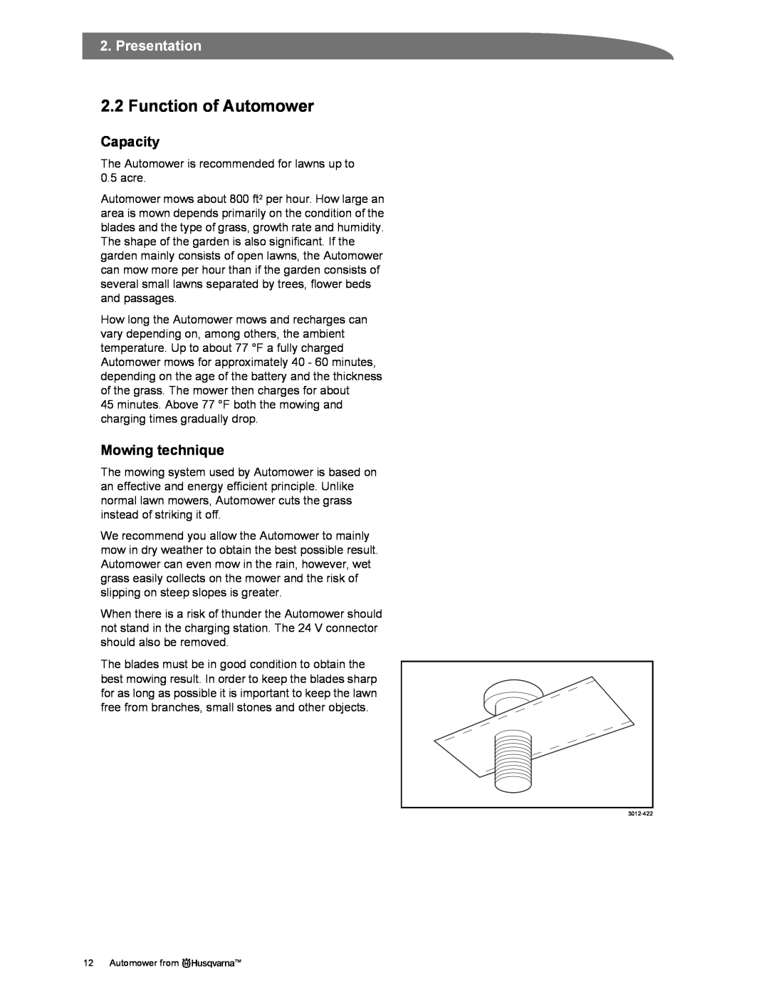 Husqvarna manual Function of Automower, Capacity, Mowing technique, Presentation 